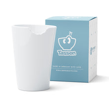 Load image into Gallery viewer, Premium porcelain coffee mug with a &#39;bite&#39; mark and no handle from the TASSEN product family of fun dishware by FIFTYEIGHT Products. Offers 13.5 oz capacity for serving coffee, tea, latte, matcha, soup and more. Dishwasher and microwave safe.
