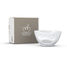 Load image into Gallery viewer, Premium extra large porcelain bowl in white from the TASSEN product family of fun dishware by FIFTYEIGHT Products. Offers 33 oz capacity with hole in front for fun effect to serve snacks. Dishwasher and microwave safe bowl featuring a sculpted ‘barfing’ facial expression. Shipped in exclusively designed gift box.
