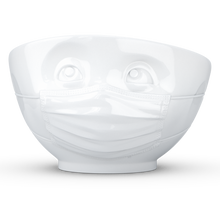 Load image into Gallery viewer, Premium porcelain bowl in white from the TASSEN product family of fun dishware by FIFTYEIGHT Products. Offers 16 oz capacity perfect for serving cereal, soup, snacks and much more. Dishwasher and microwave safe bowl featuring a sculpted ‘hopeful’ facial expression and mask. Shipped in exclusively designed gift box.
