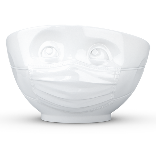 Premium porcelain bowl in white from the TASSEN product family of fun dishware by FIFTYEIGHT Products. Offers 16 oz capacity perfect for serving cereal, soup, snacks and much more. Dishwasher and microwave safe bowl featuring a sculpted ‘hopeful’ facial expression and mask. Shipped in exclusively designed gift box.