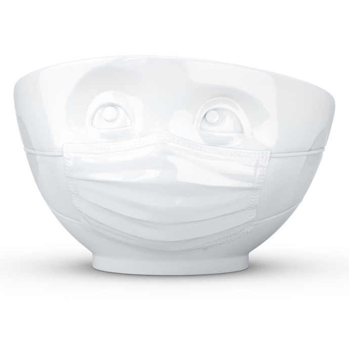 Premium porcelain bowl in white from the TASSEN product family of fun dishware by FIFTYEIGHT Products. Offers 16 oz capacity perfect for serving cereal, soup, snacks and much more. Dishwasher and microwave safe bowl featuring a sculpted ‘hopeful’ facial expression and mask. Shipped in exclusively designed gift box.