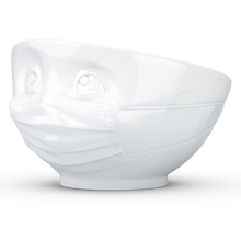 Load image into Gallery viewer, Premium porcelain bowl in white from the TASSEN product family of fun dishware by FIFTYEIGHT Products. Offers 16 oz capacity perfect for serving cereal, soup, snacks and much more. Dishwasher and microwave safe bowl featuring a sculpted ‘hopeful’ facial expression and mask. Shipped in exclusively designed gift box.
