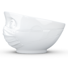 Load image into Gallery viewer, Premium porcelain bowl in white from the TASSEN product family of fun dishware by FIFTYEIGHT Products. Offers 16 oz capacity perfect for serving cereal, soup, snacks and much more. Dishwasher and microwave safe bowl featuring a sculpted ‘hopeful’ facial expression and mask. Shipped in exclusively designed gift box.
