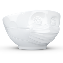 Load image into Gallery viewer, Premium porcelain bowl in white from the TASSEN product family of fun dishware by FIFTYEIGHT Products. Offers 16 oz capacity perfect for serving cereal, soup, snacks and much more. Dishwasher and microwave safe bowl featuring a sculpted ‘hopeful’ facial expression and mask. Shipped in exclusively designed gift box.
