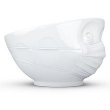 Load image into Gallery viewer, Premium porcelain bowl in white from the TASSEN product family of fun dishware by FIFTYEIGHT Products. Offers 16 oz capacity perfect for serving cereal, soup, snacks and much more. Dishwasher and microwave safe bowl featuring a sculpted ‘hopeful’ facial expression and mask. Shipped in exclusively designed gift box.
