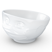 Load image into Gallery viewer, Premium porcelain bowl in white from the TASSEN product family of fun dishware by FIFTYEIGHT Products. Offers 16 oz capacity perfect for serving cereal, soup, snacks and much more. Dishwasher and microwave safe bowl featuring a sculpted ‘hopeful’ facial expression and mask. Shipped in exclusively designed gift box.
