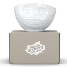 Load image into Gallery viewer, Premium porcelain bowl in white from the TASSEN product family of fun dishware by FIFTYEIGHT Products. Offers 16 oz capacity perfect for serving cereal, soup, snacks and much more. Dishwasher and microwave safe bowl featuring a sculpted ‘hopeful’ facial expression and mask. Shipped in exclusively designed gift box.
