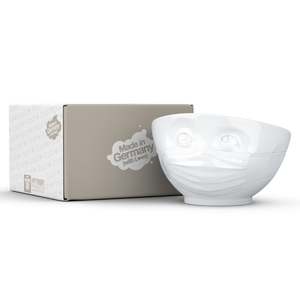 Premium porcelain bowl in white from the TASSEN product family of fun dishware by FIFTYEIGHT Products. Offers 16 oz capacity perfect for serving cereal, soup, snacks and much more. Dishwasher and microwave safe bowl featuring a sculpted ‘hopeful’ facial expression and mask. Shipped in exclusively designed gift box.