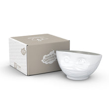 Load image into Gallery viewer, 16 ounce capacity porcelain bowl in white with Stone Color Inside featuring a sculpted ‘hopeful’ facial expression. From the TASSEN product family of fun dishware by FIFTYEIGHT Products. Quality bowl perfect for serving cereal, soup, snacks and much more.
