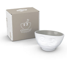 Load image into Gallery viewer, 16 ounce capacity porcelain bowl in white with Stone Color Inside featuring a sculpted ‘hopeful’ facial expression. From the TASSEN product family of fun dishware by FIFTYEIGHT Products. Quality bowl perfect for serving cereal, soup, snacks and much more.
