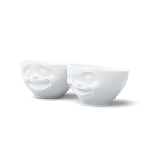 Load image into Gallery viewer, Set of two 6.5 oz. bowls in white from the TASSEN product family featuring sculpted Laughing and Winking faces.
