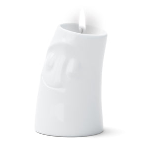 Exclusive designer candle holder with CUDDLY facial expression. Stands at 4.4 inches tall on a footed base and fits a tea light or LED light. From the TASSEN product family of fun dishware by FIFTYEIGHT Products. Made in Germany according to environmental standards.