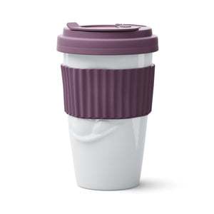Premium porcelain coffee mug with a heat-retaining lid and protective sleeve and no handle from the TASSEN product family of fun dishware by FIFTYEIGHT Products. Offers 13.5 oz capacity for enjoying coffee, tea, latte, matcha, soup and more on the go. Shipped in exclusively designed gift box.