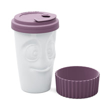 Load image into Gallery viewer, Premium porcelain coffee mug with a heat-retaining lid and protective sleeve and no handle from the TASSEN product family of fun dishware by FIFTYEIGHT Products. Offers 13.5 oz capacity for enjoying coffee, tea, latte, matcha, soup and more on the go. Shipped in exclusively designed gift box.
