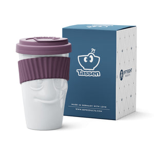 Premium porcelain coffee mug with a heat-retaining lid and protective sleeve and no handle from the TASSEN product family of fun dishware by FIFTYEIGHT Products. Offers 13.5 oz capacity for enjoying coffee, tea, latte, matcha, soup and more on the go. Shipped in exclusively designed gift box.