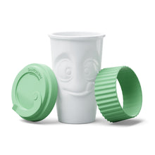 Load image into Gallery viewer, Premium porcelain coffee mug with a heat-retaining lid and protective sleeve and no handle from the TASSEN product family of fun dishware by FIFTYEIGHT Products. Offers 13.5 oz capacity for enjoying coffee, tea, latte, matcha, soup and more on the go. Shipped in exclusively designed gift box.
