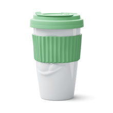 Load image into Gallery viewer, Premium porcelain coffee mug with a heat-retaining lid and protective sleeve and no handle from the TASSEN product family of fun dishware by FIFTYEIGHT Products. Offers 13.5 oz capacity for enjoying coffee, tea, latte, matcha, soup and more on the go. Shipped in exclusively designed gift box.
