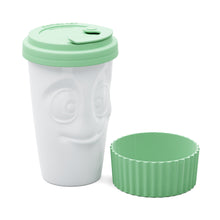 Load image into Gallery viewer, Premium porcelain coffee mug with a heat-retaining lid and protective sleeve and no handle from the TASSEN product family of fun dishware by FIFTYEIGHT Products. Offers 13.5 oz capacity for enjoying coffee, tea, latte, matcha, soup and more on the go. Shipped in exclusively designed gift box.
