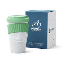 Load image into Gallery viewer, Premium porcelain coffee mug with a heat-retaining lid and protective sleeve and no handle from the TASSEN product family of fun dishware by FIFTYEIGHT Products. Offers 13.5 oz capacity for enjoying coffee, tea, latte, matcha, soup and more on the go. Shipped in exclusively designed gift box.
