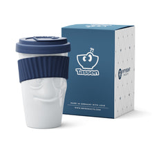 Load image into Gallery viewer, Premium porcelain coffee mug with a heat-retaining lid and protective sleeve and no handle from the TASSEN product family of fun dishware by FIFTYEIGHT Products. Offers 13.5 oz capacity for enjoying coffee, tea, latte, matcha, soup and more on the go. Shipped in exclusively designed gift box.

