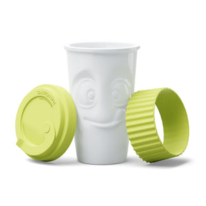 Premium porcelain coffee mug with a heat-retaining lid and protective sleeve and no handle from the TASSEN product family of fun dishware by FIFTYEIGHT Products. Offers 13.5 oz capacity for enjoying coffee, tea, latte, matcha, soup and more on the go. Shipped in exclusively designed gift box.