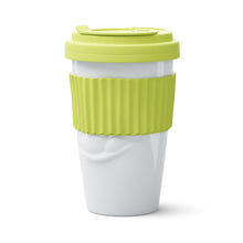 Load image into Gallery viewer, Premium porcelain coffee mug with a heat-retaining lid and protective sleeve and no handle from the TASSEN product family of fun dishware by FIFTYEIGHT Products. Offers 13.5 oz capacity for enjoying coffee, tea, latte, matcha, soup and more on the go. Shipped in exclusively designed gift box.
