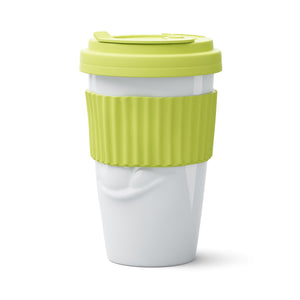 Premium porcelain coffee mug with a heat-retaining lid and protective sleeve and no handle from the TASSEN product family of fun dishware by FIFTYEIGHT Products. Offers 13.5 oz capacity for enjoying coffee, tea, latte, matcha, soup and more on the go. Shipped in exclusively designed gift box.