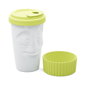 Premium porcelain coffee mug with a heat-retaining lid and protective sleeve and no handle from the TASSEN product family of fun dishware by FIFTYEIGHT Products. Offers 13.5 oz capacity for enjoying coffee, tea, latte, matcha, soup and more on the go. Shipped in exclusively designed gift box.