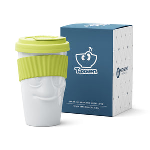 Premium porcelain coffee mug with a heat-retaining lid and protective sleeve and no handle from the TASSEN product family of fun dishware by FIFTYEIGHT Products. Offers 13.5 oz capacity for enjoying coffee, tea, latte, matcha, soup and more on the go. Shipped in exclusively designed gift box.