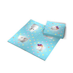 Pack of 20 disposable paper napkins in transparent packaging. Colorful paper napkins featuring zany TASSEN artwork in "Kid’s B-Day Party" design in blue. 9.6 by 9.6 inches in size and Made in Germany according to environmental standards.
