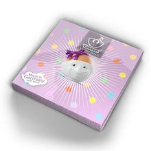 Load image into Gallery viewer, Pack of 20 disposable paper napkins in transparent packaging. Colorful paper napkins featuring zany TASSEN artwork in &quot;Kid’s B-Day Party&quot; design in lilac. 9.6 by 9.6 inches in size and Made in Germany according to environmental standards.
