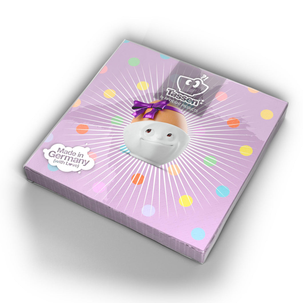Pack of 20 disposable paper napkins in transparent packaging. Colorful paper napkins featuring zany TASSEN artwork in 