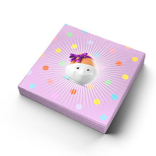 Load image into Gallery viewer, Pack of 20 disposable paper napkins in transparent packaging. Colorful paper napkins featuring zany TASSEN artwork in &quot;Kid’s B-Day Party&quot; design in lilac. 9.6 by 9.6 inches in size and Made in Germany according to environmental standards.
