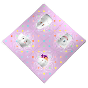Pack of 20 disposable paper napkins in transparent packaging. Colorful paper napkins featuring zany TASSEN artwork in "Kid’s B-Day Party" design in lilac. 9.6 by 9.6 inches in size and Made in Germany according to environmental standards.