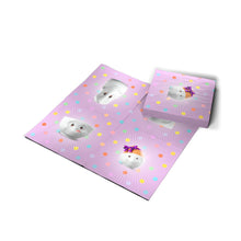 Load image into Gallery viewer, Pack of 20 disposable paper napkins in transparent packaging. Colorful paper napkins featuring zany TASSEN artwork in &quot;Kid’s B-Day Party&quot; design in lilac. 9.6 by 9.6 inches in size and Made in Germany according to environmental standards.
