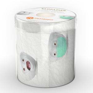 Roll of toilet paper with printed TASSEN character design. Package diameter 4.3 inch, Height 4.1 inches, Weight 0.28 lbs. Single roll of soft toilet paper ships in a transparent gift box. Made in Germany according to environmental standards.