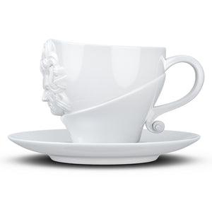 Premium porcelain coffee cup with saucer in white with sculpted Ludwig van Beethoven face. Dishwasher and microwave safe cup at 8.7 oz capacity. From the TALENT product family of cups dedicated to creative geniuses by FIFTYEIGHT Products.