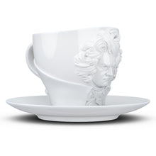 Load image into Gallery viewer, Premium porcelain coffee cup with saucer in white with sculpted Ludwig van Beethoven face. Dishwasher and microwave safe cup at 8.7 oz capacity. From the TALENT product family of cups dedicated to creative geniuses by FIFTYEIGHT Products.

