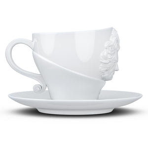 Premium porcelain coffee cup with saucer in white with sculpted Ludwig van Beethoven face. Dishwasher and microwave safe cup at 8.7 oz capacity. From the TALENT product family of cups dedicated to creative geniuses by FIFTYEIGHT Products.
