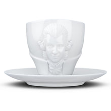 Load image into Gallery viewer, Premium porcelain coffee cup with saucer in white with sculpted Wolfgang Amadeus Mozart face. Dishwasher and microwave safe cup at 8.7 oz capacity. From the TALENT product family of cups dedicated to creative geniuses by FIFTYEIGHT Products.
