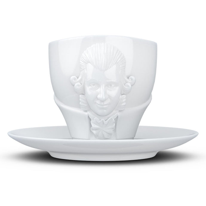 Premium porcelain coffee cup with saucer in white with sculpted Wolfgang Amadeus Mozart face. Dishwasher and microwave safe cup at 8.7 oz capacity. From the TALENT product family of cups dedicated to creative geniuses by FIFTYEIGHT Products.