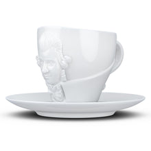Load image into Gallery viewer, Premium porcelain coffee cup with saucer in white with sculpted Wolfgang Amadeus Mozart face. Dishwasher and microwave safe cup at 8.7 oz capacity. From the TALENT product family of cups dedicated to creative geniuses by FIFTYEIGHT Products.
