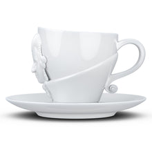 Load image into Gallery viewer, Premium porcelain coffee cup with saucer in white with sculpted Wolfgang Amadeus Mozart face. Dishwasher and microwave safe cup at 8.7 oz capacity. From the TALENT product family of cups dedicated to creative geniuses by FIFTYEIGHT Products.
