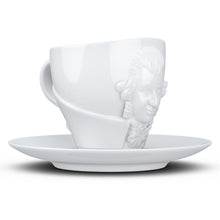 Load image into Gallery viewer, Premium porcelain coffee cup with saucer in white with sculpted Wolfgang Amadeus Mozart face. Dishwasher and microwave safe cup at 8.7 oz capacity. From the TALENT product family of cups dedicated to creative geniuses by FIFTYEIGHT Products.
