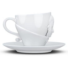 Load image into Gallery viewer, Premium porcelain coffee cup with saucer in white with sculpted Wolfgang Amadeus Mozart face. Dishwasher and microwave safe cup at 8.7 oz capacity. From the TALENT product family of cups dedicated to creative geniuses by FIFTYEIGHT Products.
