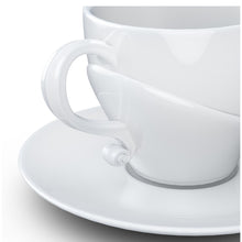 Load image into Gallery viewer, Premium porcelain coffee cup with saucer in white with sculpted Wolfgang Amadeus Mozart face. Dishwasher and microwave safe cup at 8.7 oz capacity. From the TALENT product family of cups dedicated to creative geniuses by FIFTYEIGHT Products.
