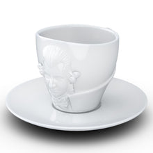 Load image into Gallery viewer, Premium porcelain coffee cup with saucer in white with sculpted Wolfgang Amadeus Mozart face. Dishwasher and microwave safe cup at 8.7 oz capacity. From the TALENT product family of cups dedicated to creative geniuses by FIFTYEIGHT Products.
