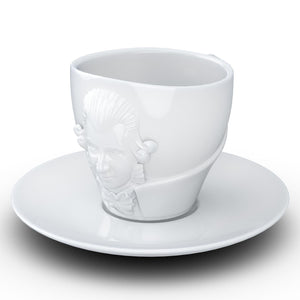Premium porcelain coffee cup with saucer in white with sculpted Wolfgang Amadeus Mozart face. Dishwasher and microwave safe cup at 8.7 oz capacity. From the TALENT product family of cups dedicated to creative geniuses by FIFTYEIGHT Products.