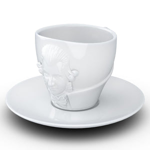 Premium porcelain coffee cup with saucer in white with sculpted Wolfgang Amadeus Mozart face. Dishwasher and microwave safe cup at 8.7 oz capacity. From the TALENT product family of cups dedicated to creative geniuses by FIFTYEIGHT Products.