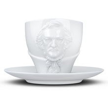 Load image into Gallery viewer, Premium porcelain coffee cup with saucer in white with sculpted Richard Wagner face. Dishwasher and microwave safe cup at 8.7 oz capacity. From the TALENT product family of cups dedicated to creative geniuses by FIFTYEIGHT Products.
